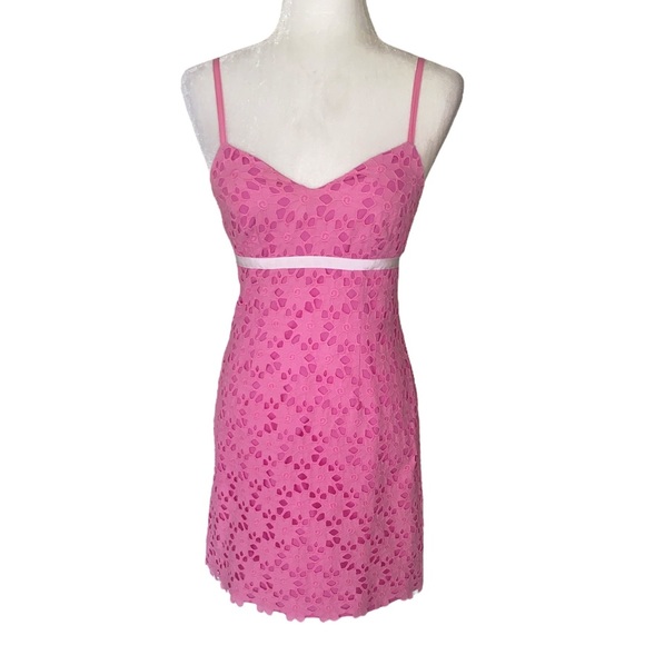 HTF Lilly Pulitzer Pink Floral Eyelet Lace White Ribbon Sheath Mini Dress - 0 - Picture 2 of 9